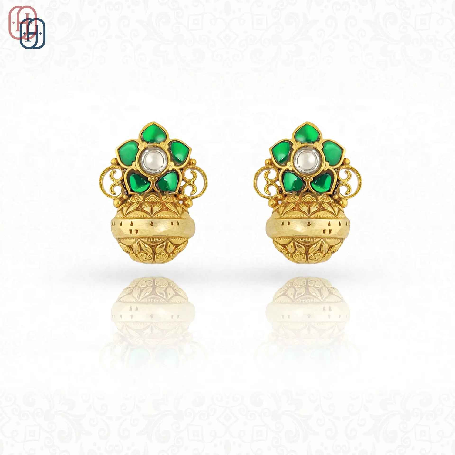 Hardik Jewels Green Stone Polki Earrings in 92.5 Silver