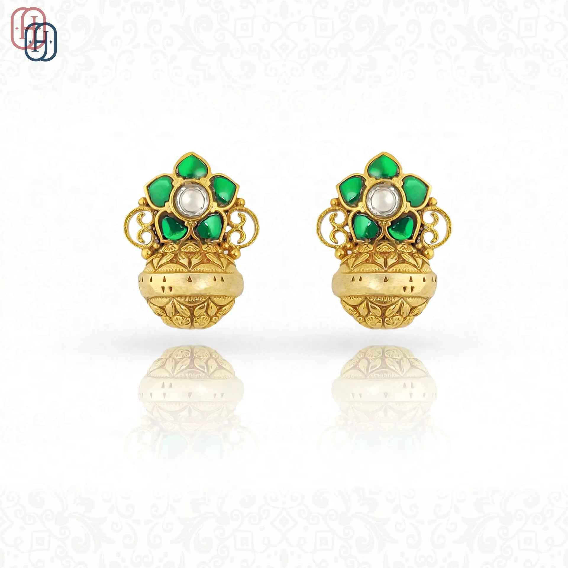 Hardik Jewels Green Stone Polki Earrings in 92.5 Silver