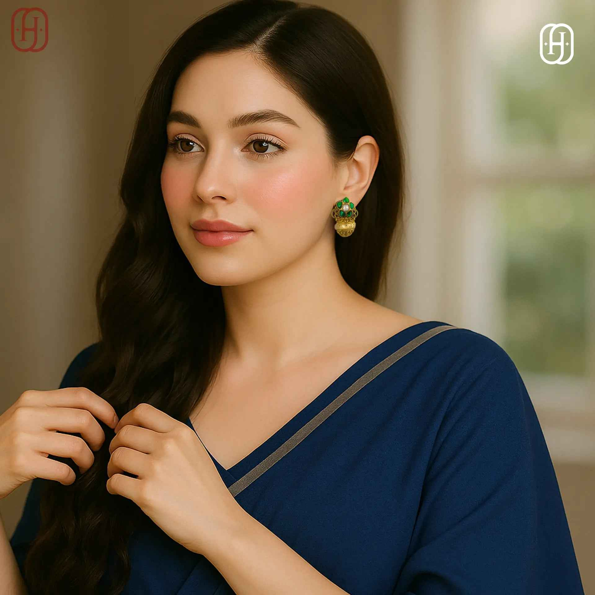 Hardik Jewels Green Stone Polki Earrings in 92.5 Silver