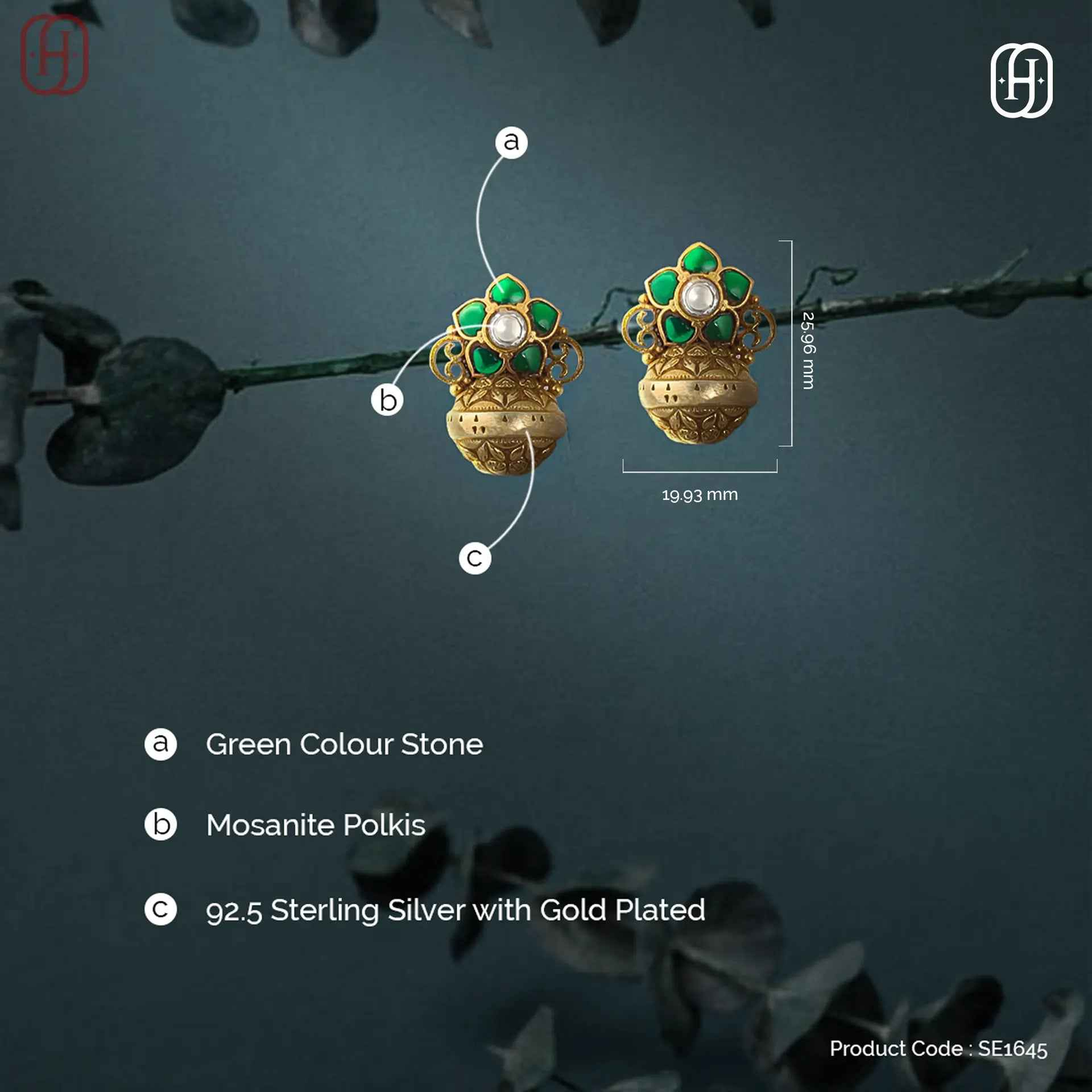 Hardik Jewels Green Stone Polki Earrings in 92.5 Silver