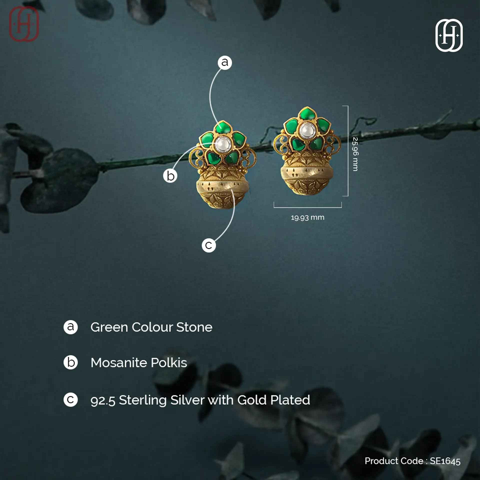 Hardik Jewels Green Stone Polki Earrings in 92.5 Silver