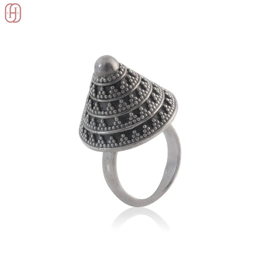 Hardik Jewels oxidized silver ring with conical dome design and intricate dotted detailing