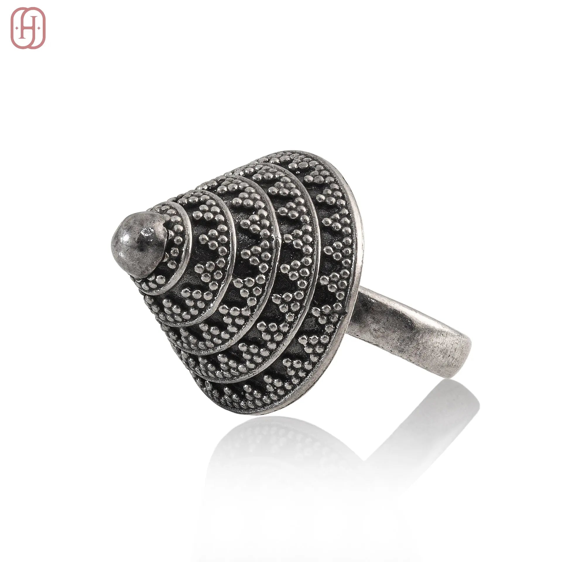 Hardik Jewels oxidized silver ring with intricate circular dot design and vintage finish