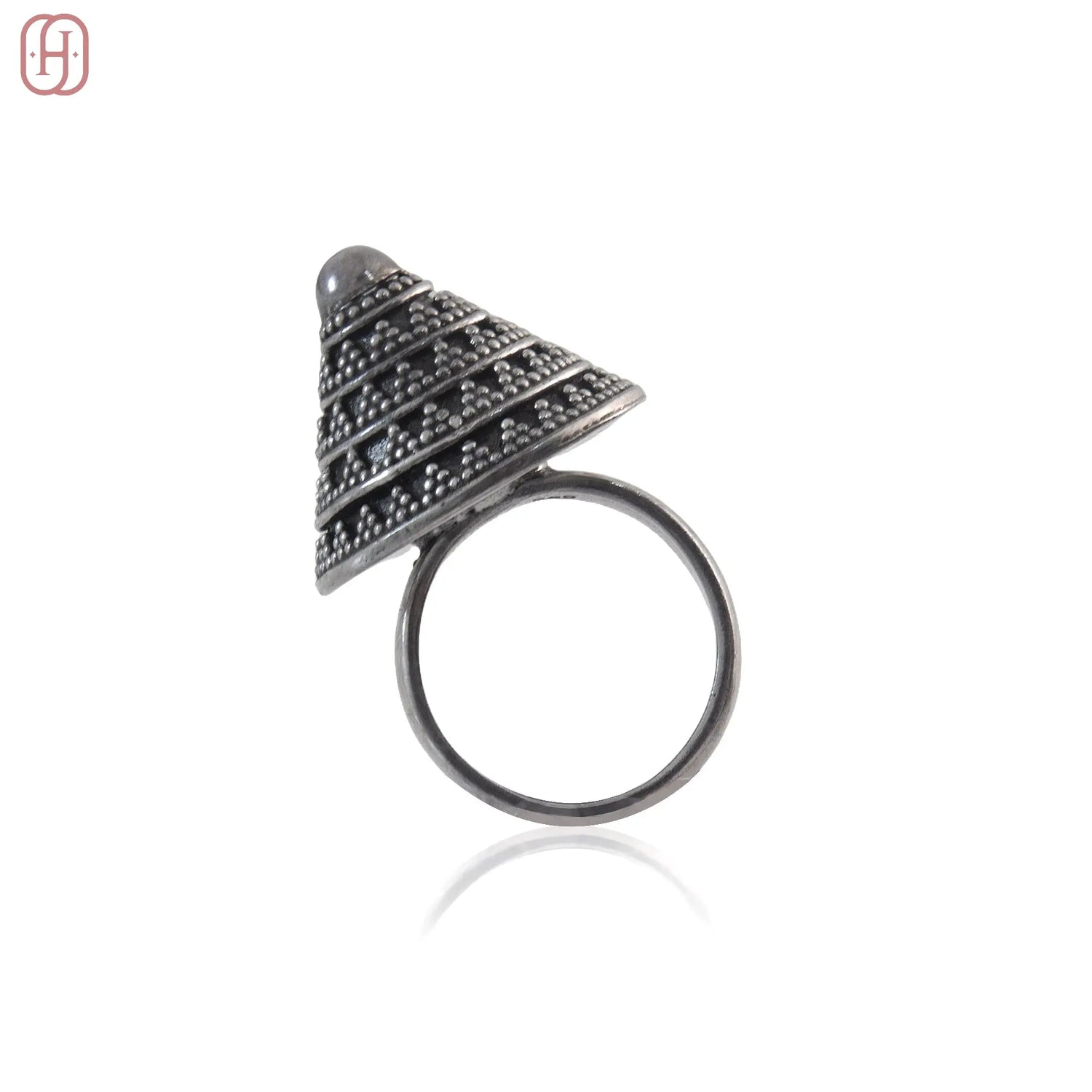 Oxidized silver ring with unique cone-shaped embossed design by Hardik Jewels