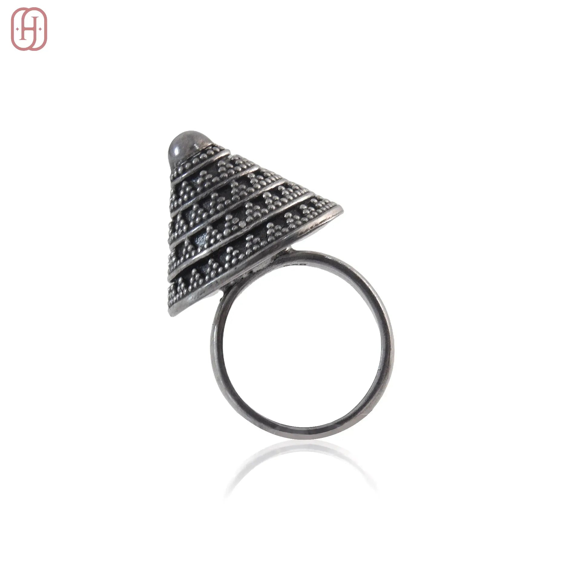 Oxidized silver ring with unique cone-shaped embossed design by Hardik Jewels