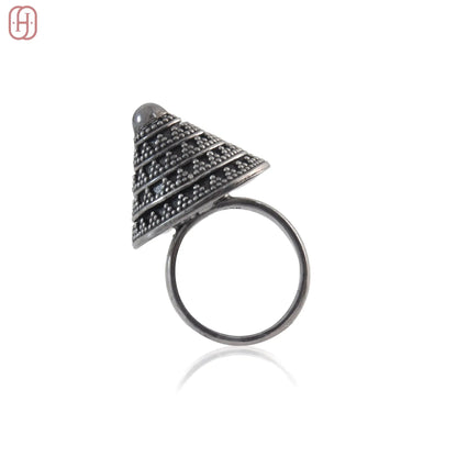 Oxidized silver ring with unique cone-shaped embossed design by Hardik Jewels