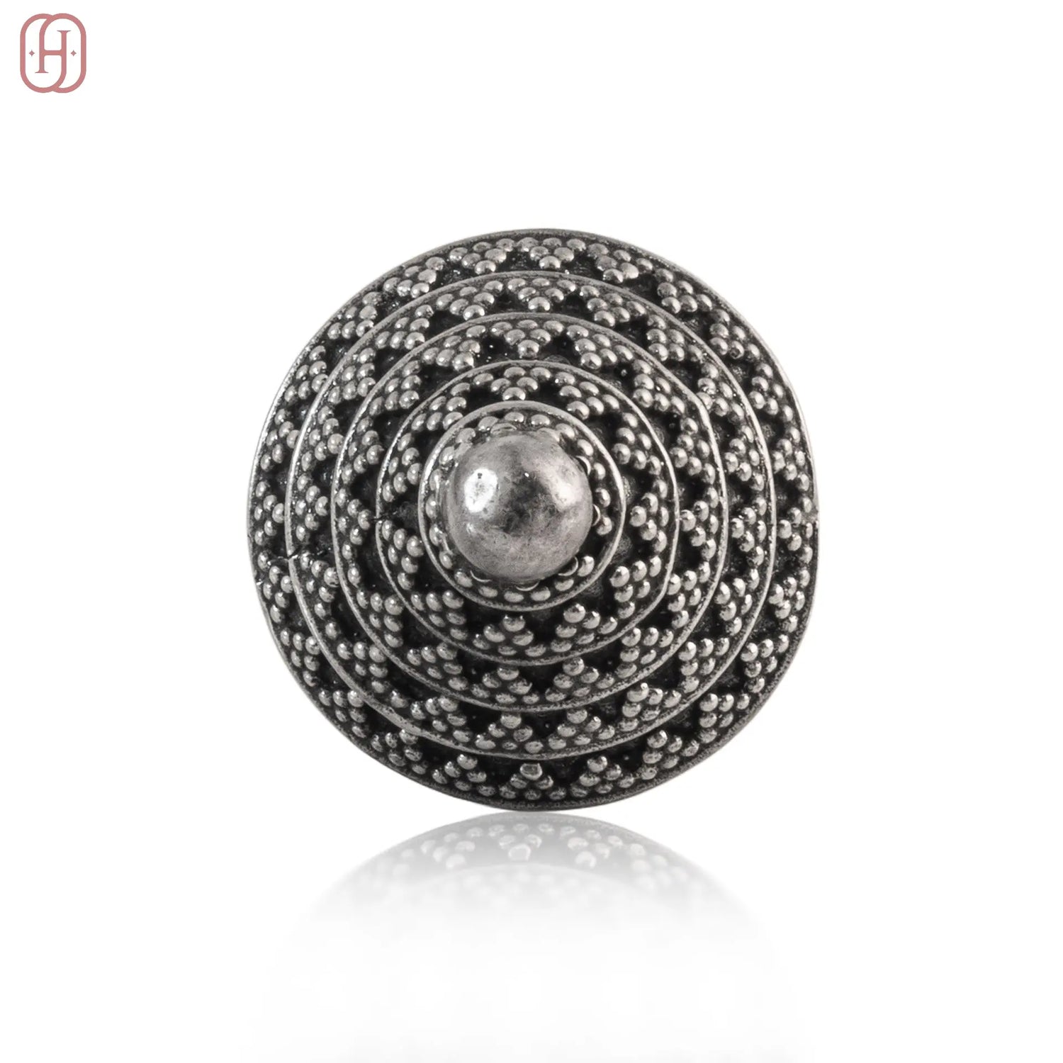 Oxidized silver ring with intricate circular dotted design by Hardik Jewels
