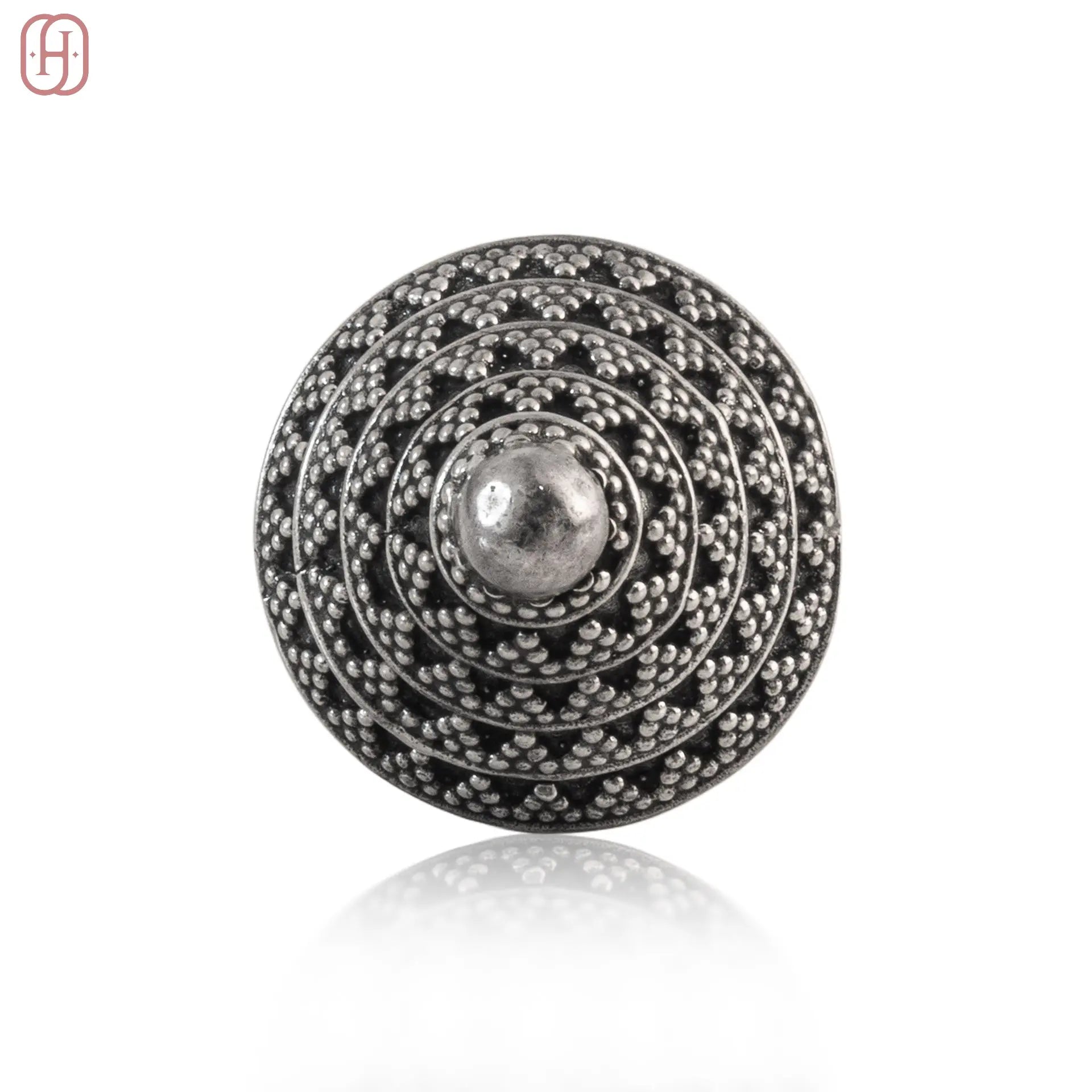 Oxidized silver ring with intricate circular dotted design by Hardik Jewels