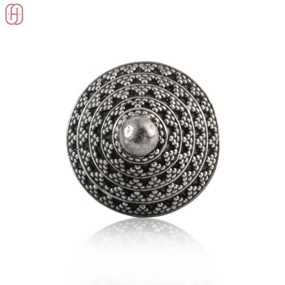 Oxidized silver ring with intricate circular dotted design by Hardik Jewels