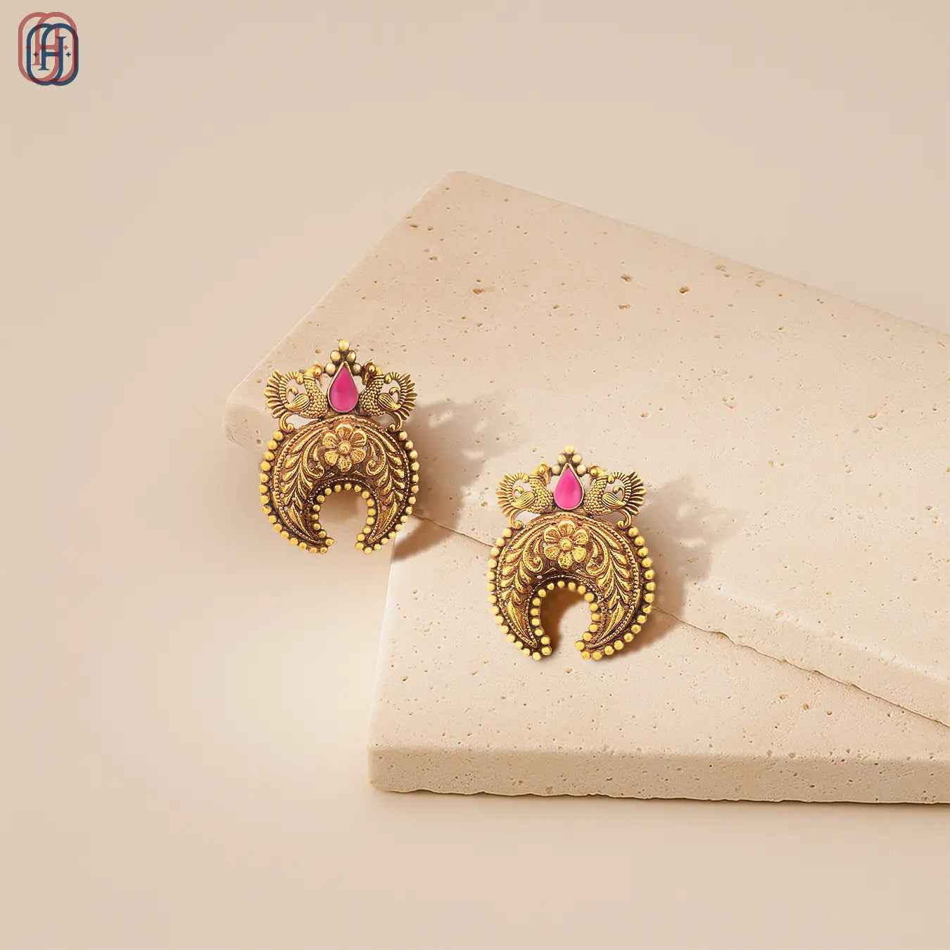 Hardik Jewels Peacock Nakkashi Earrings in 92.5 Silver
