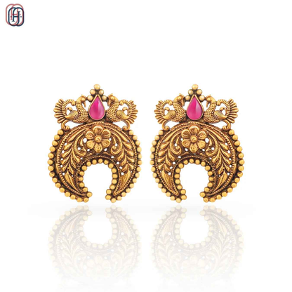Hardik Jewels Peacock Nakkashi Earrings in 92.5 Silver