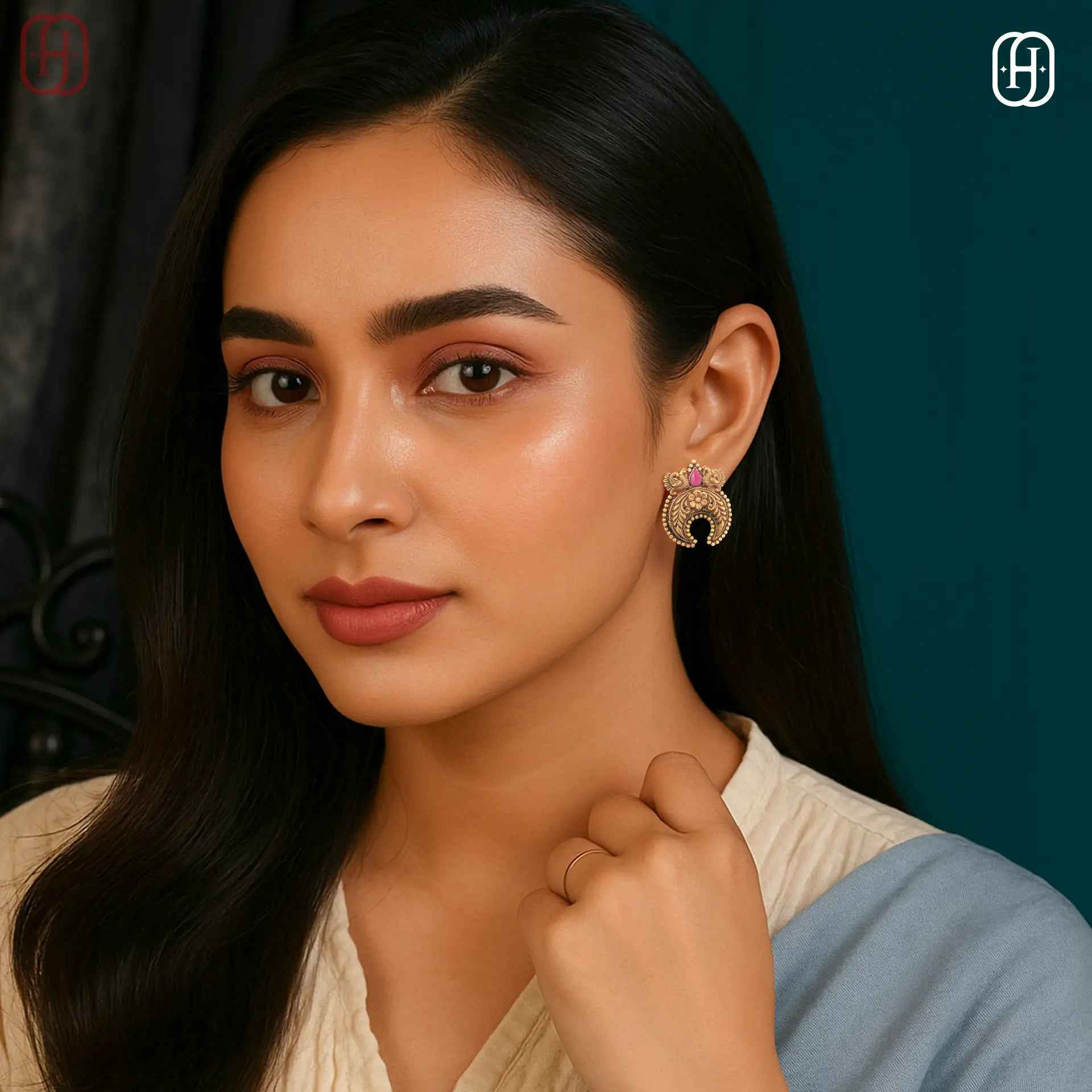 Hardik Jewels Peacock Nakkashi Earrings in 92.5 Silver