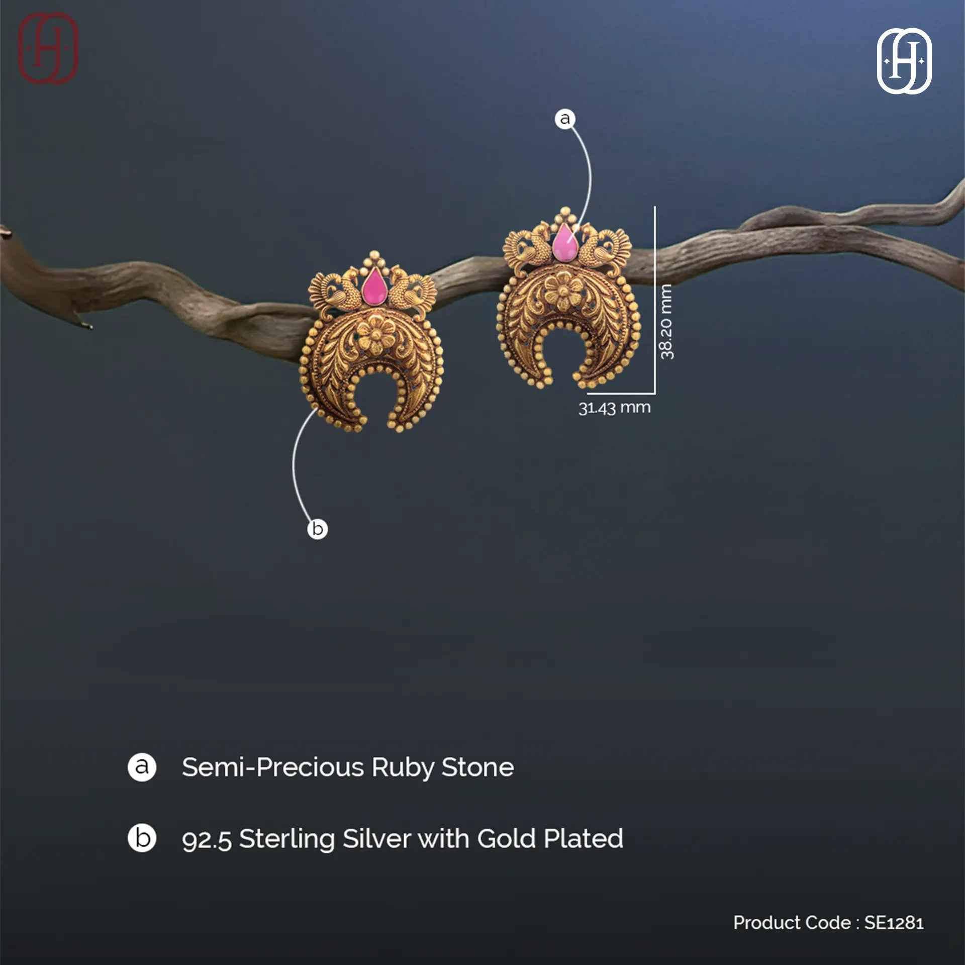 Hardik Jewels Peacock Nakkashi Earrings in 92.5 Silver