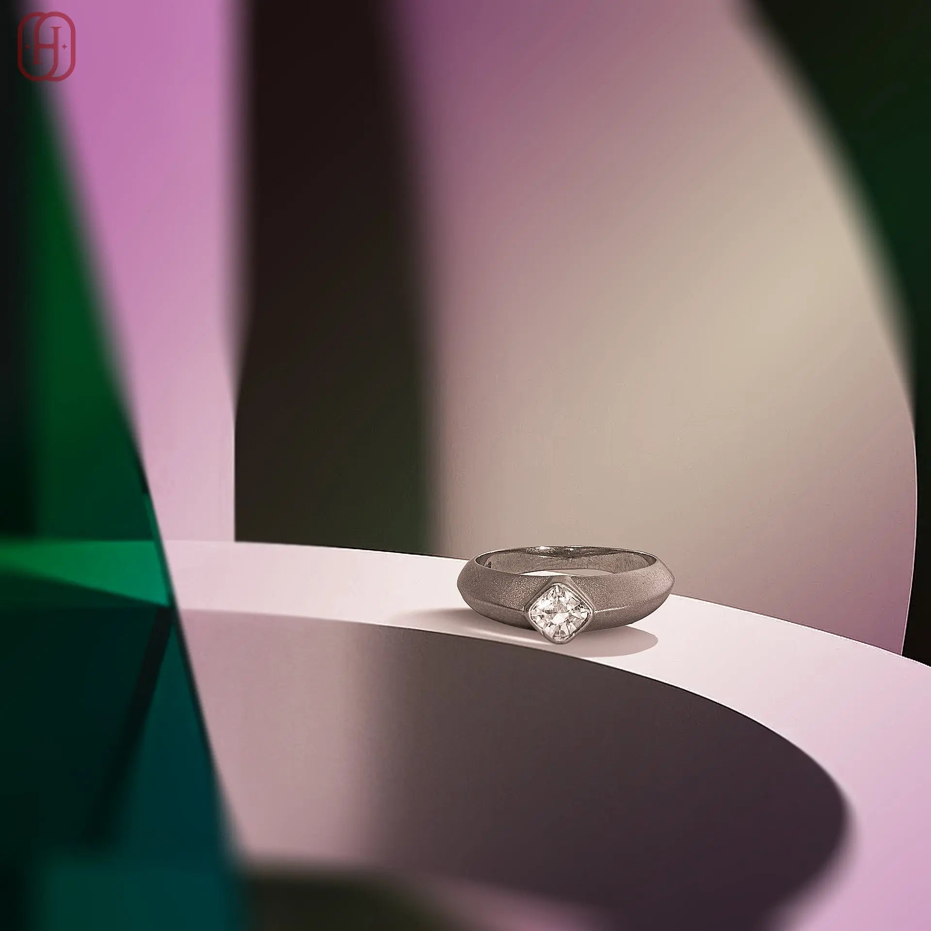 Elegant silver ring American diamond with a single large stone on a curved white surface