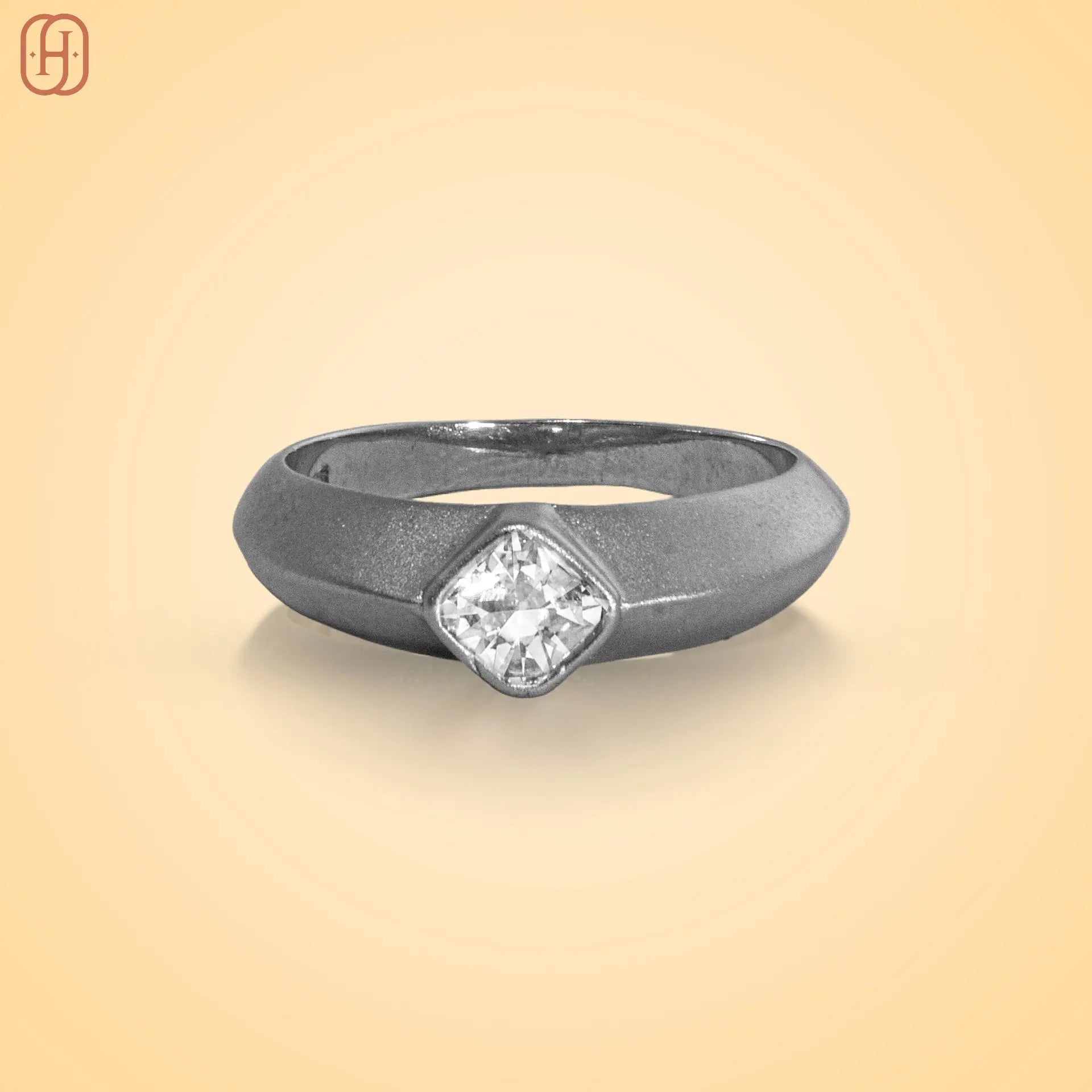 Silver ring American diamond with a square-cut stone set on a smooth silver band