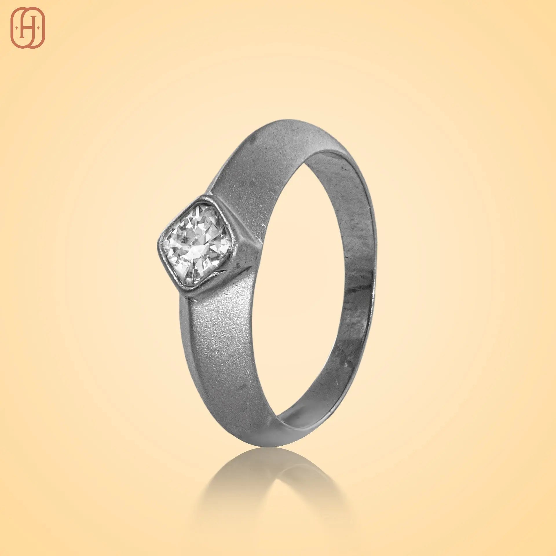 Silver ring American diamond with a single square-cut stone set on a smooth band by Hardik Jewels