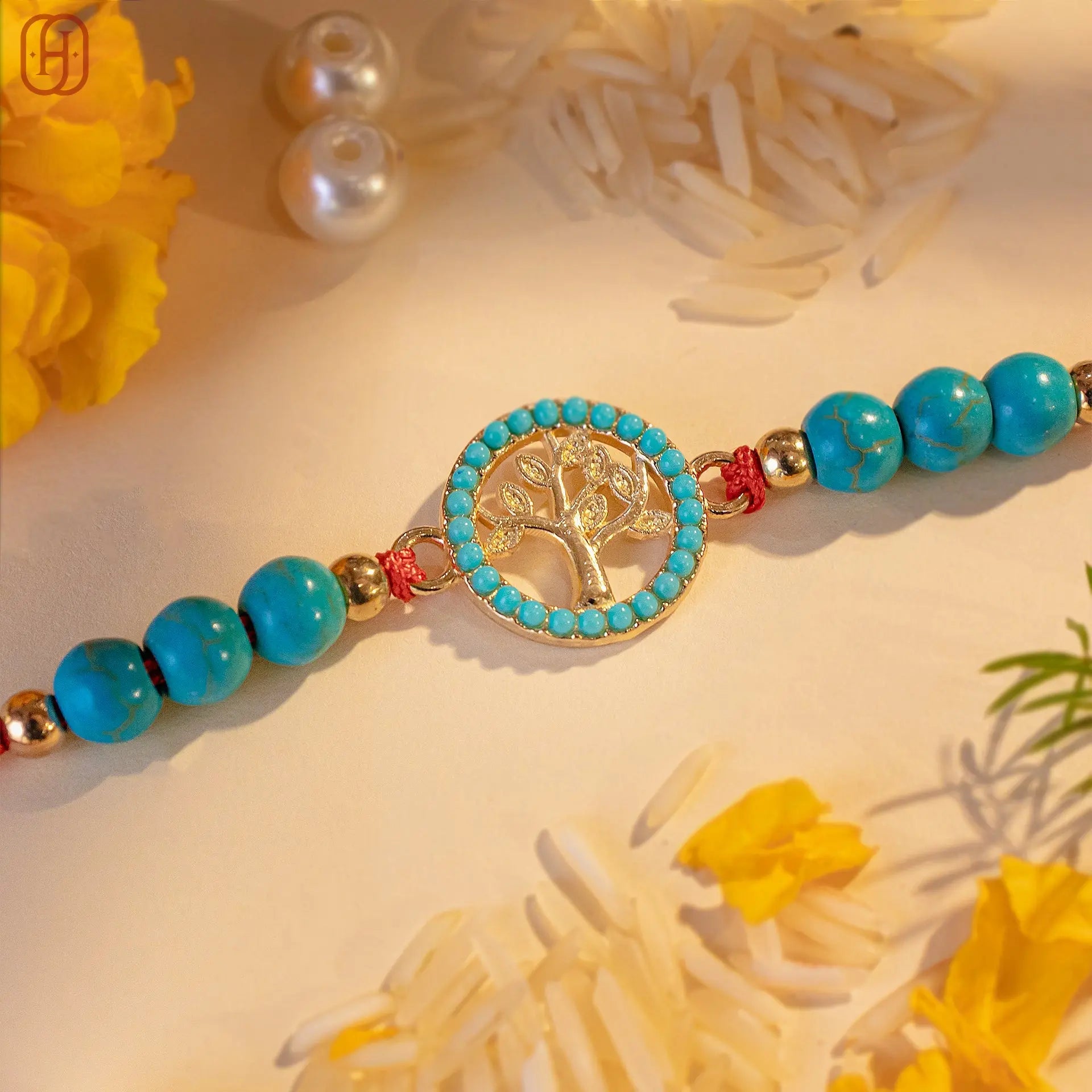 Hardik Jewels Tree of Life Rakhi Silver with Turquoise Beads.
