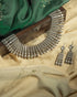 Heavy oxidized 925 sterling silver tribal choker necklace set with matching earrings, featuring geometric spikes and teardrop drops.