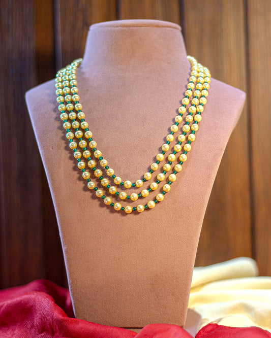 Golden Onyx Pearl Beaded Necklace – Triple Layer Handmade Jewelry