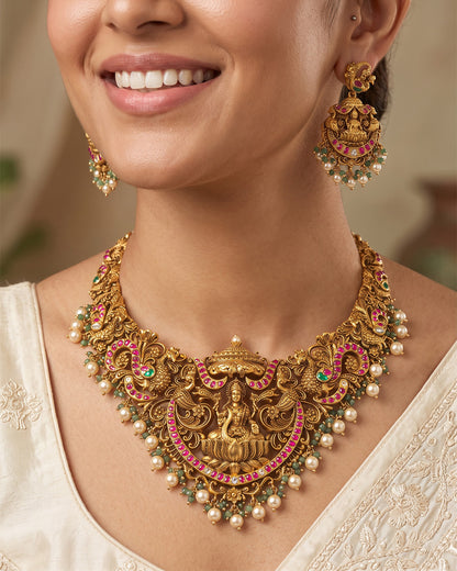 Lakshmi Peacock Antique Temple Necklace Set with Earrings