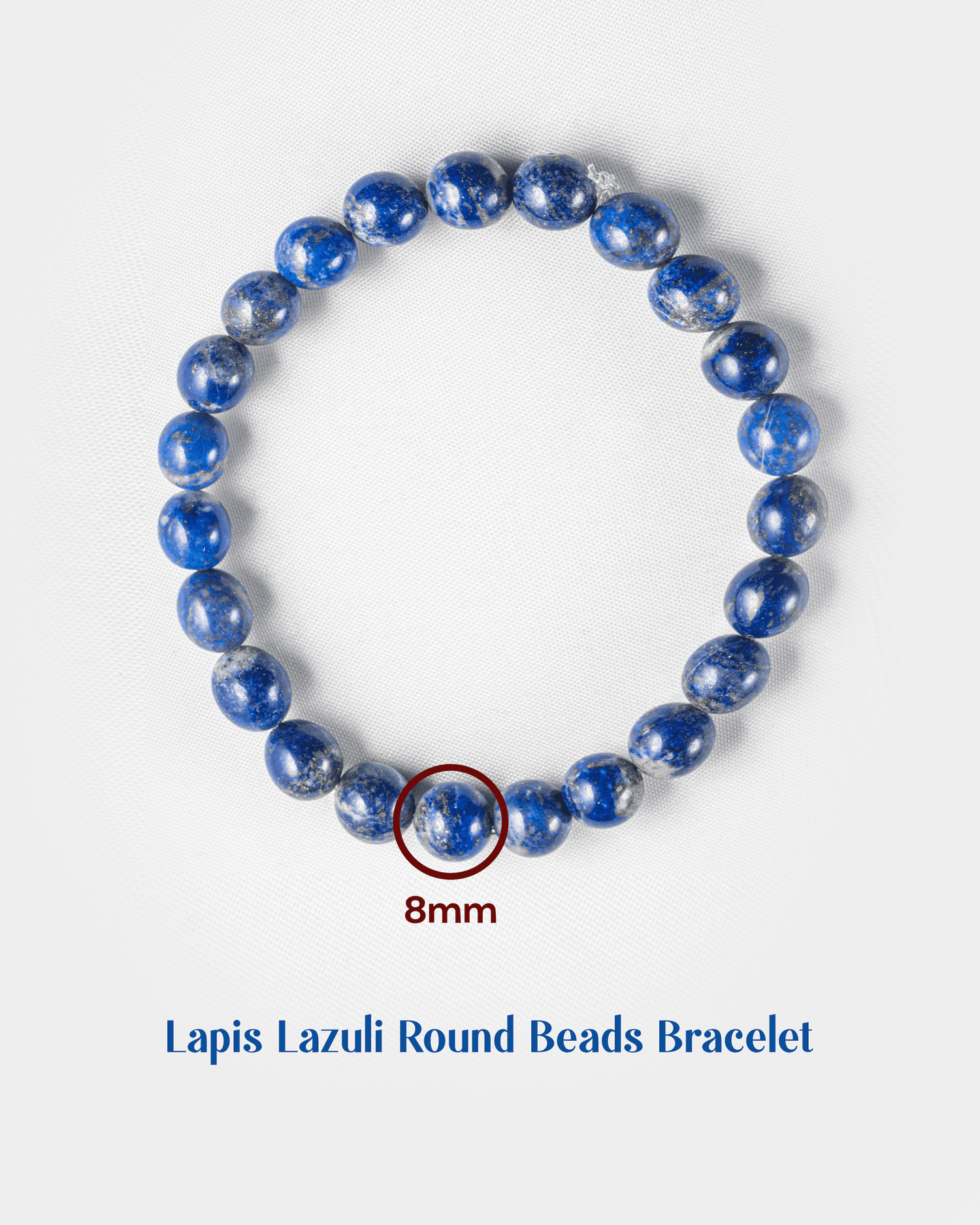 Lapis Lazuli round beads bracelet on a white background with a measurement of 8mm.