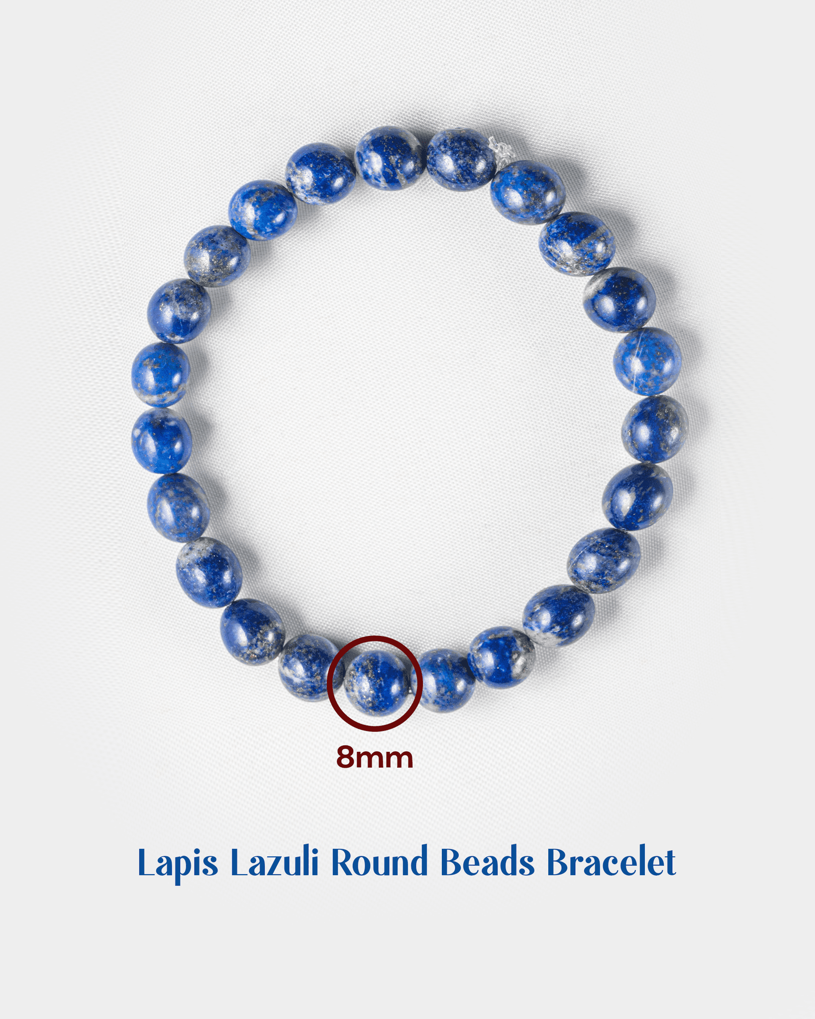 Lapis Lazuli round beads bracelet on a white background with a measurement of 8mm.