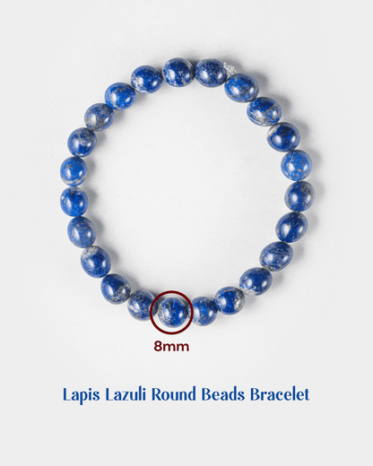 Lapis Lazuli round beads bracelet on a white background with a measurement of 8mm.