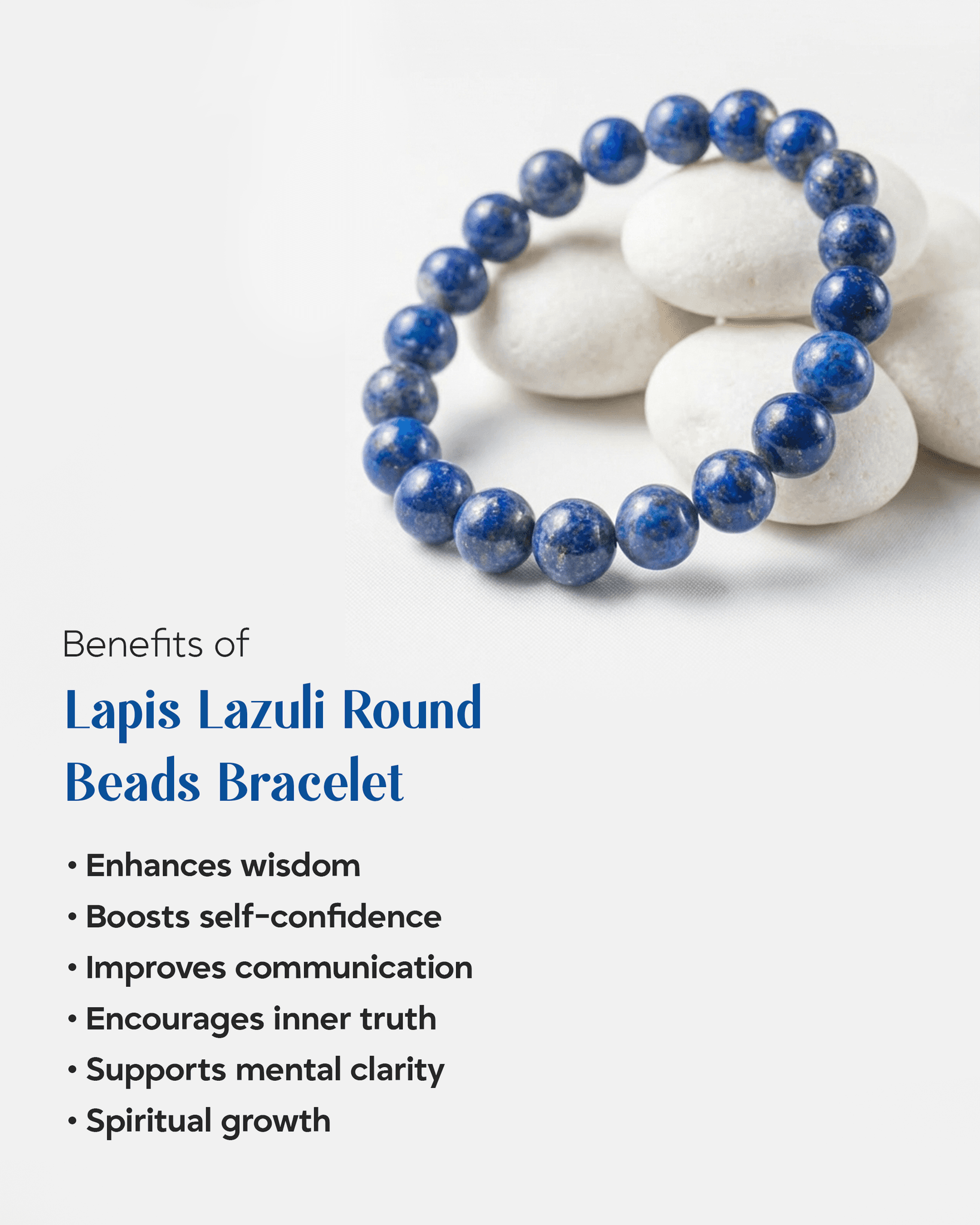 Lapis Lazuli round beads bracelet on white stones with text about benefits.