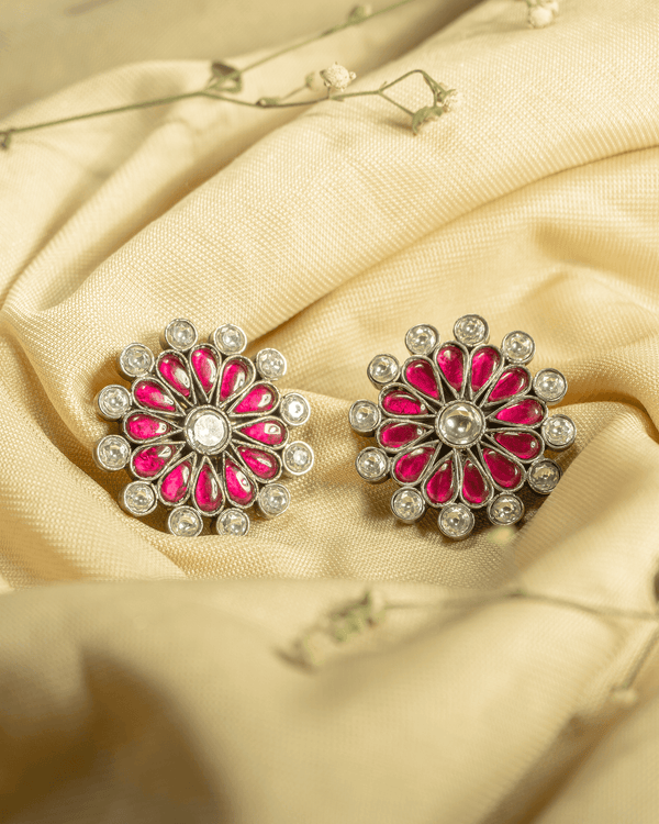925 Sterling Silver Floral Statement Studs | Ruby Pink & White Polki Style Earrings