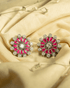 Large 925 sterling silver floral stud earrings featuring ruby pink teardrop stones and white polki style accents.
