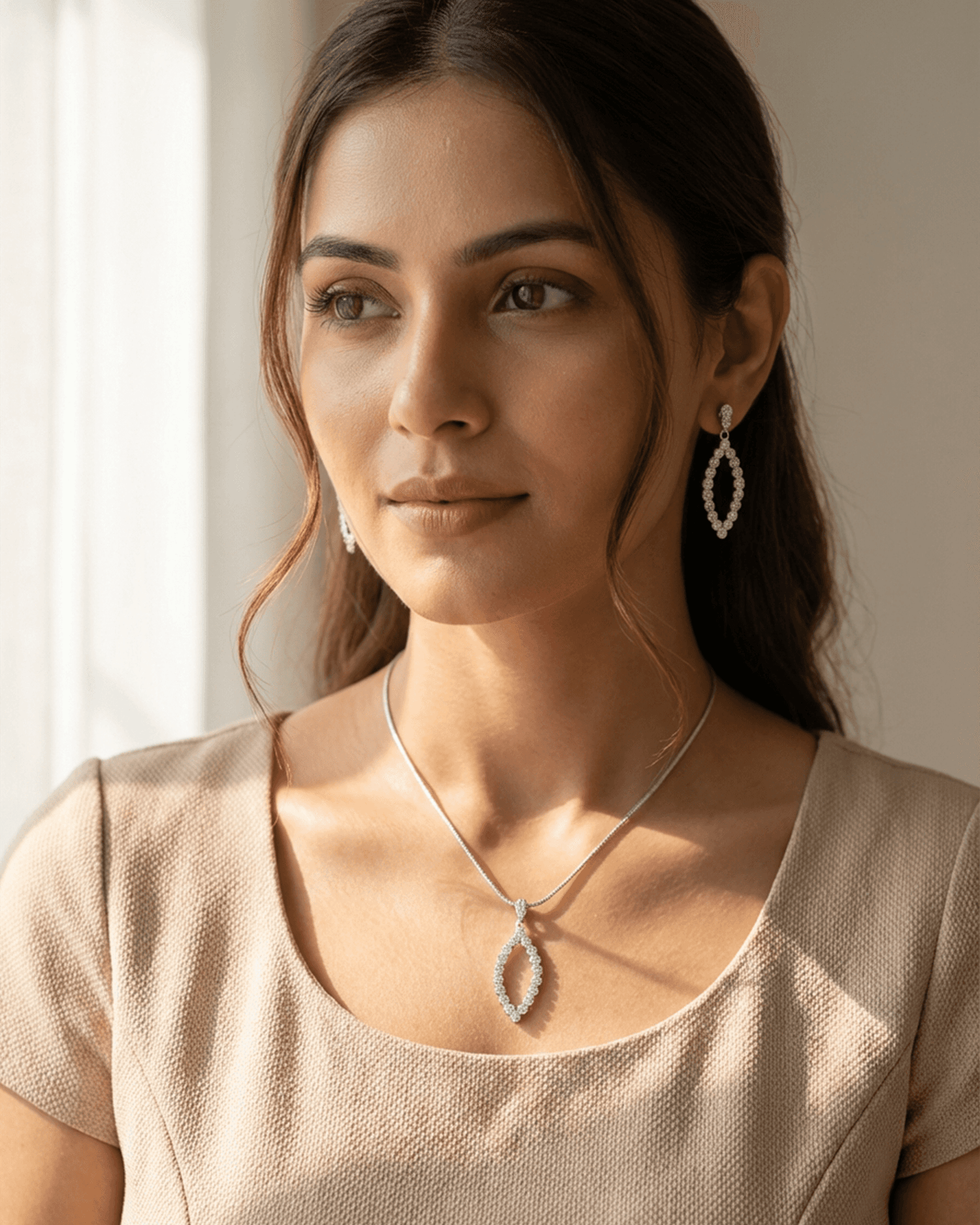 92.5 Sterling Silver Open Marquise Pendant Set | Diamond Look CZ Leaf Dangle (Chain Not Included)