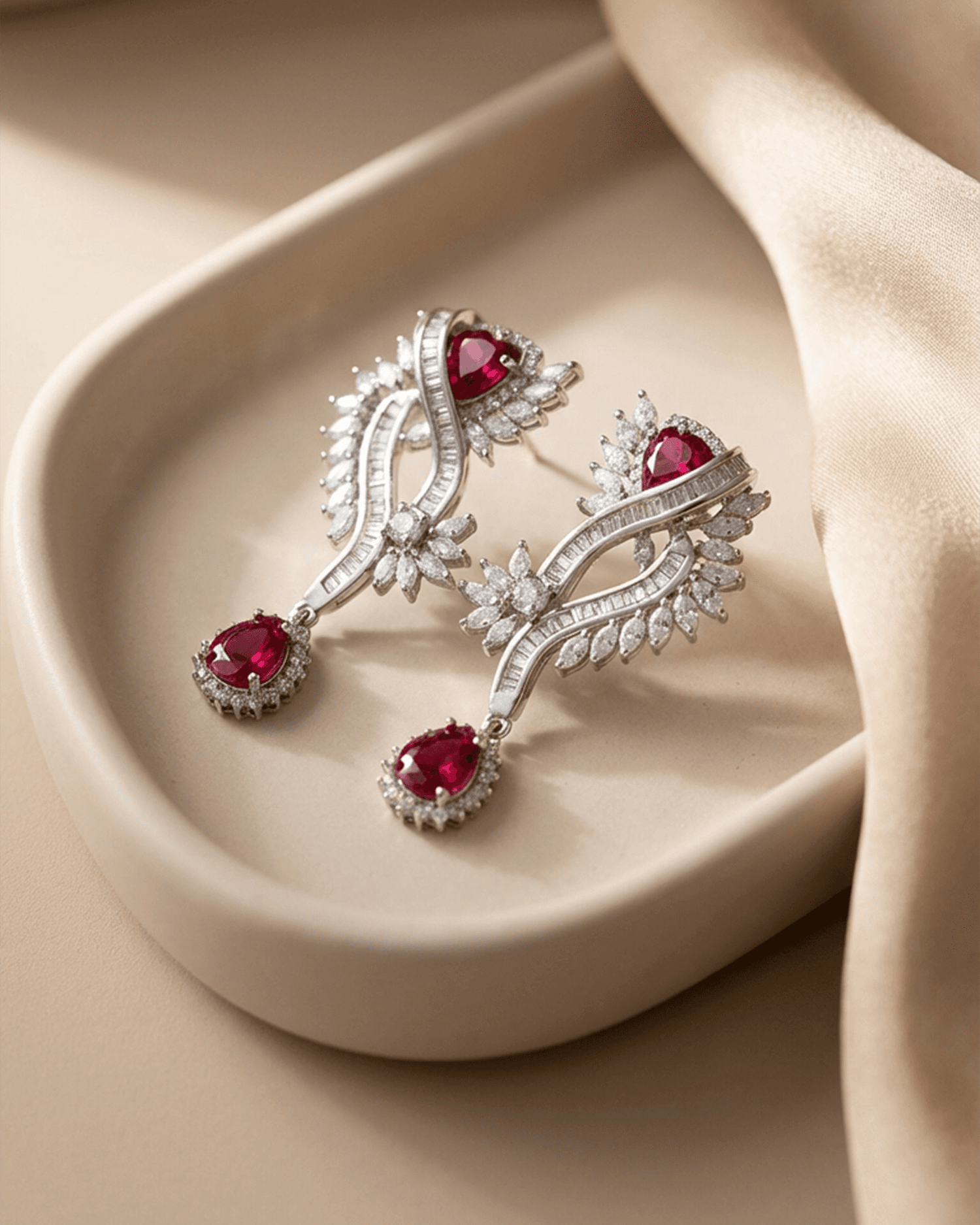 92.5 Sterling Silver Ruby Red CZ Statement Pendant Set | Baguette Swirl Drop (Chain Not Included)
