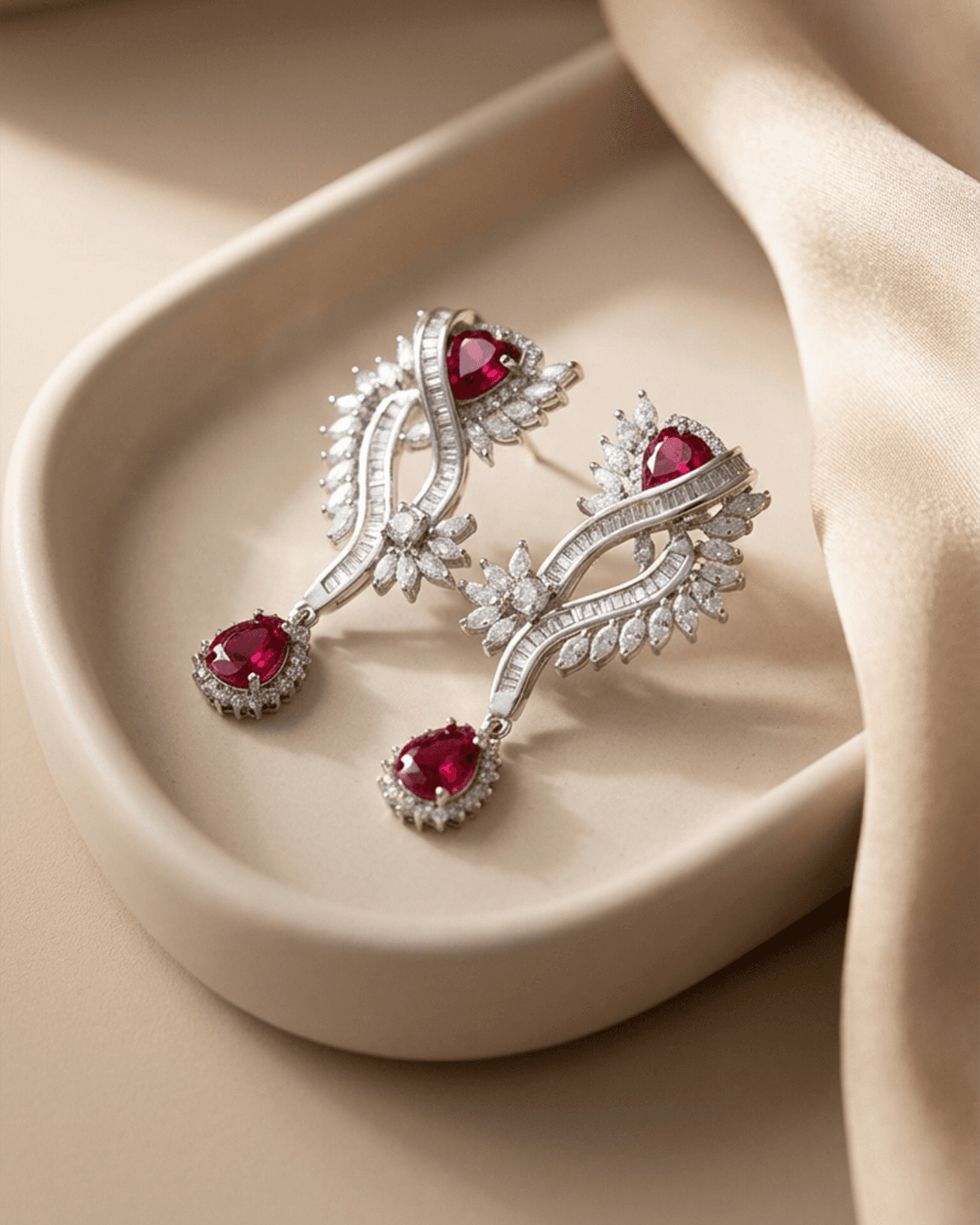 92.5 Sterling Silver Ruby Red CZ Statement Pendant Set | Baguette Swirl Drop (Chain Not Included)