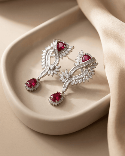 92.5 Sterling Silver Ruby Red CZ Statement Pendant Set | Baguette Swirl Drop (Chain Not Included)
