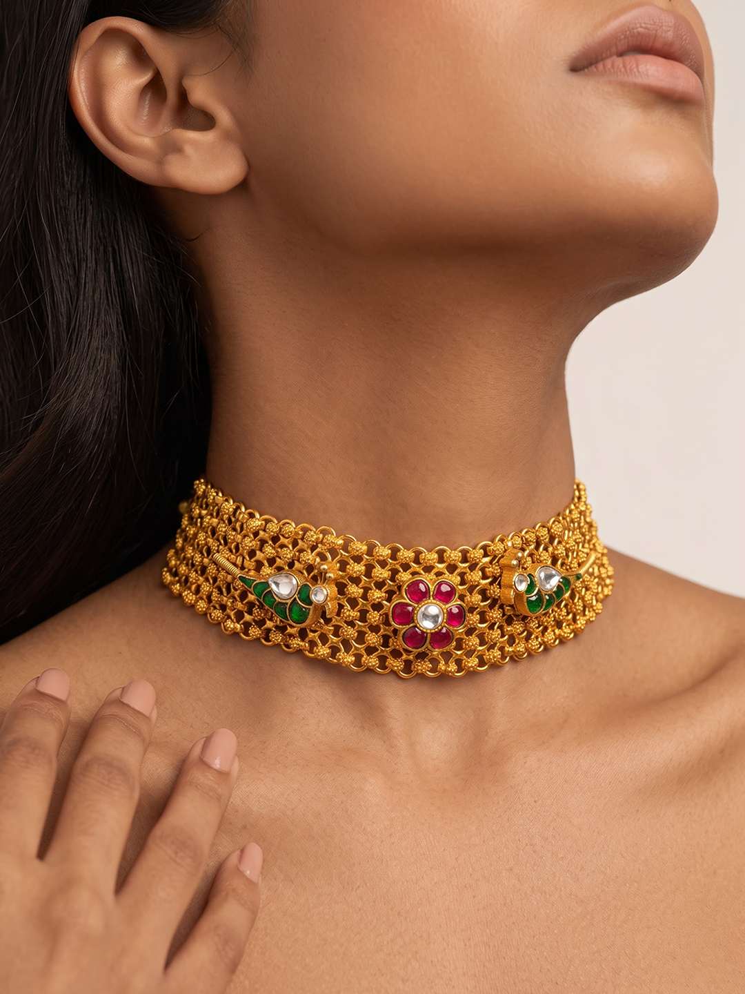 Navratna floral gold-plated silver choker styled look by Hardik Jewels