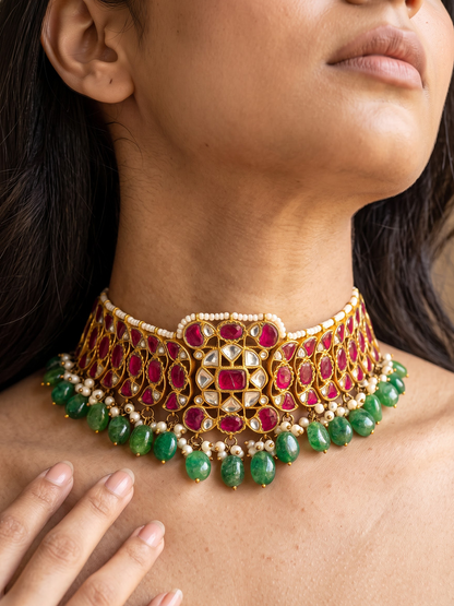 Ruby emerald Kundan silver bridal choker styled look by Hardik Jewels