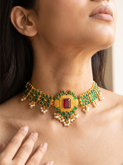 Emerald ruby temple gold-plated silver choker styled look by Hardik Jewels