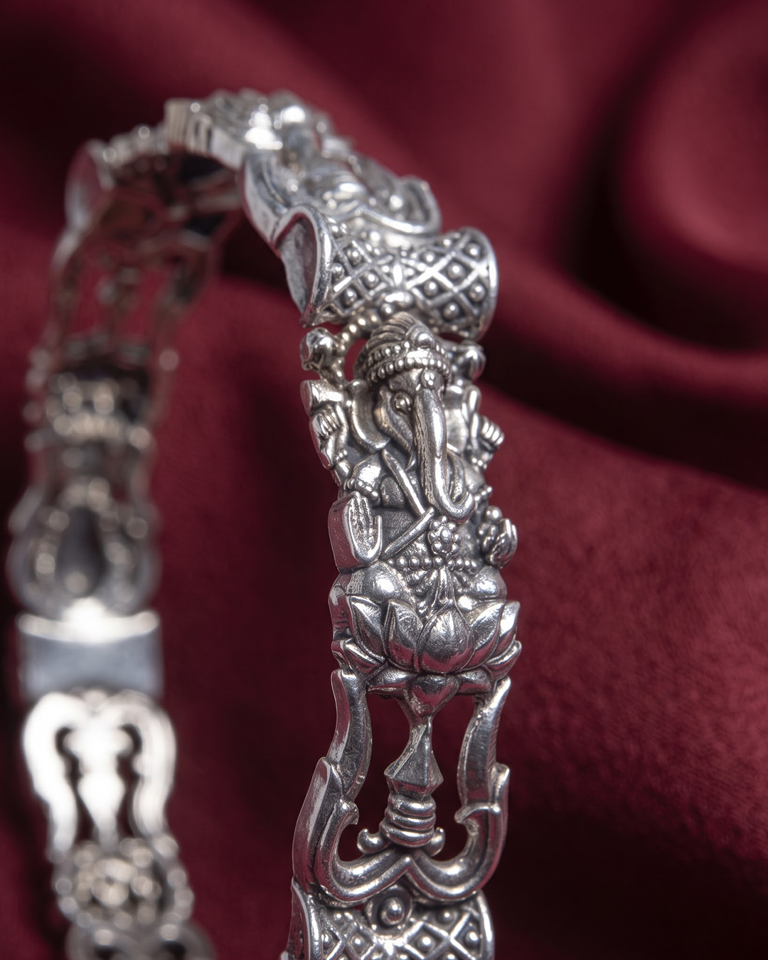 92.5 Sterling Silver Oxidized Ganesha Bangle | Antique Lotus Temple Kada