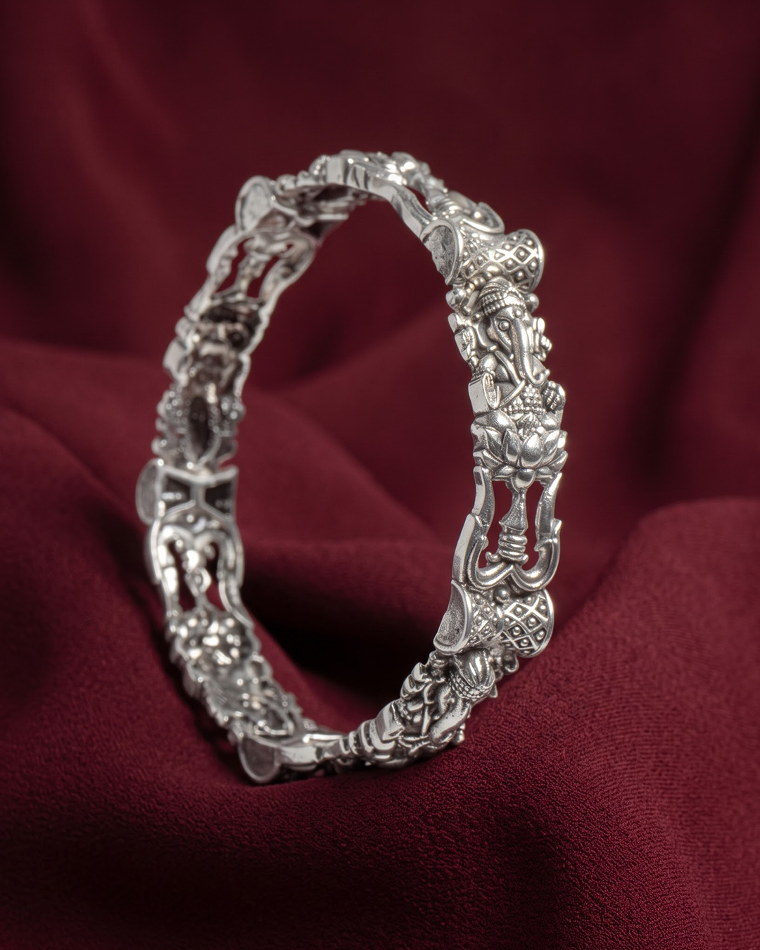 92.5 Sterling Silver Oxidized Ganesha Bangle | Antique Lotus Temple Kada