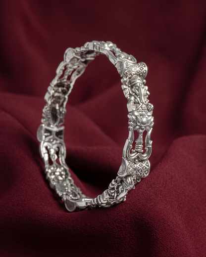 92.5 Sterling Silver Oxidized Ganesha Bangle | Antique Lotus Temple Kada