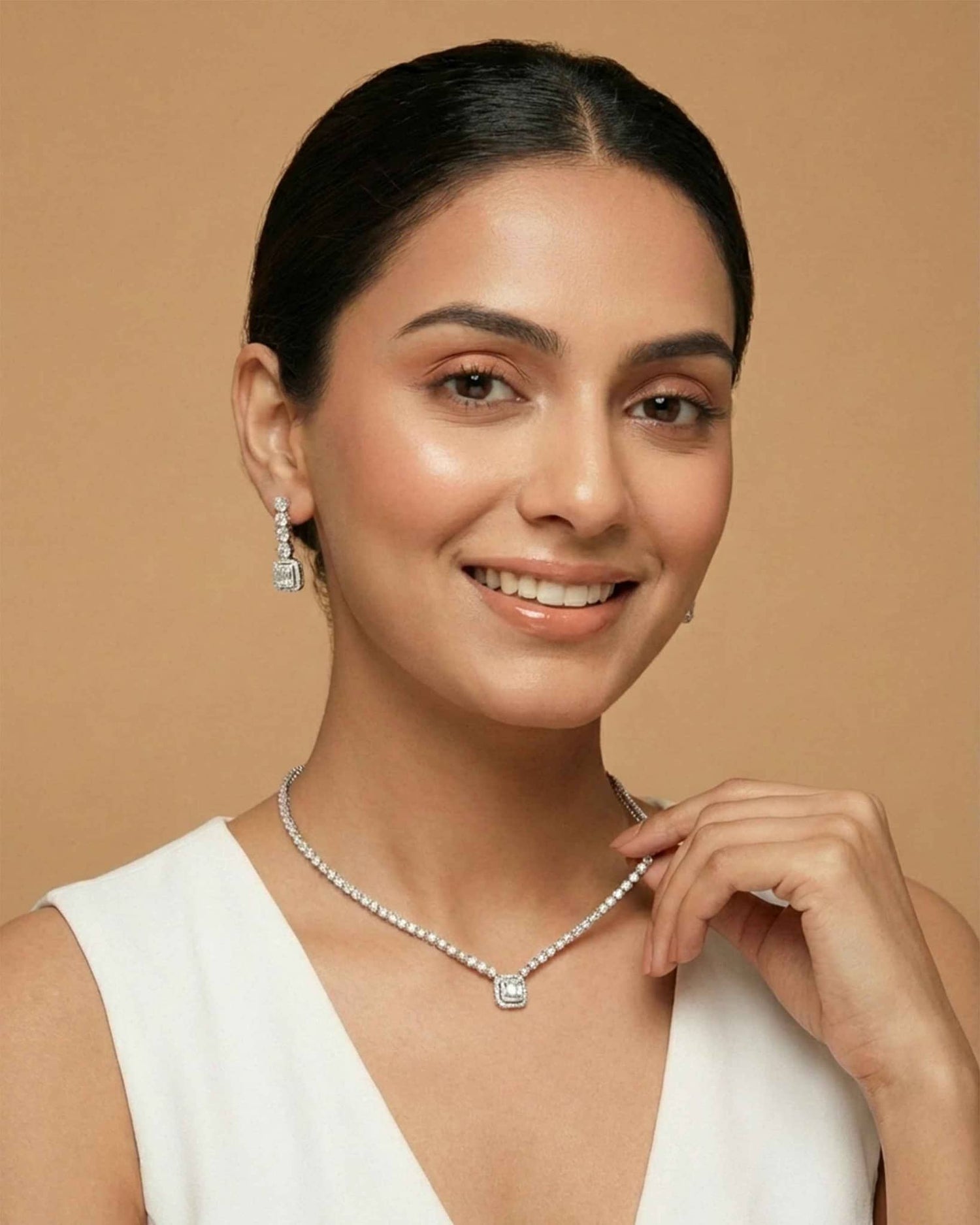 92.5 Sterling Silver Emerald-Cut CZ Tennis Necklace &amp; Earring Set | Bridal Diamond Look