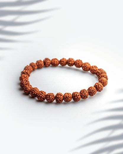 Natural 5 mukhi rudraksha seed bracelet featuring 7mm brown beads for spiritual healing.