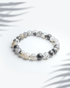 Natural silver rutilated quartz bracelet featuring grey beads with silver needle inclusions for intuition and clarity.