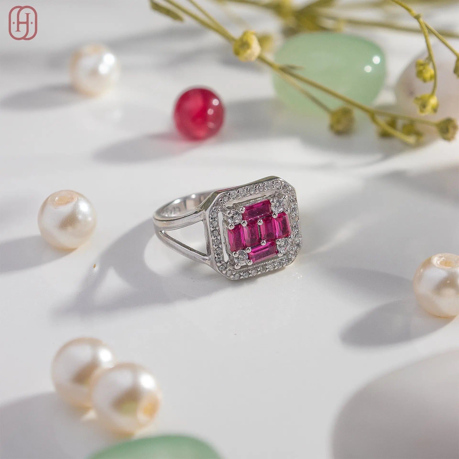 Octagon Ruby and amercian Diamond silver ring - Hardik Jewels | Luxury Gold & 92.5 Silver Jewelry for Every Occasion