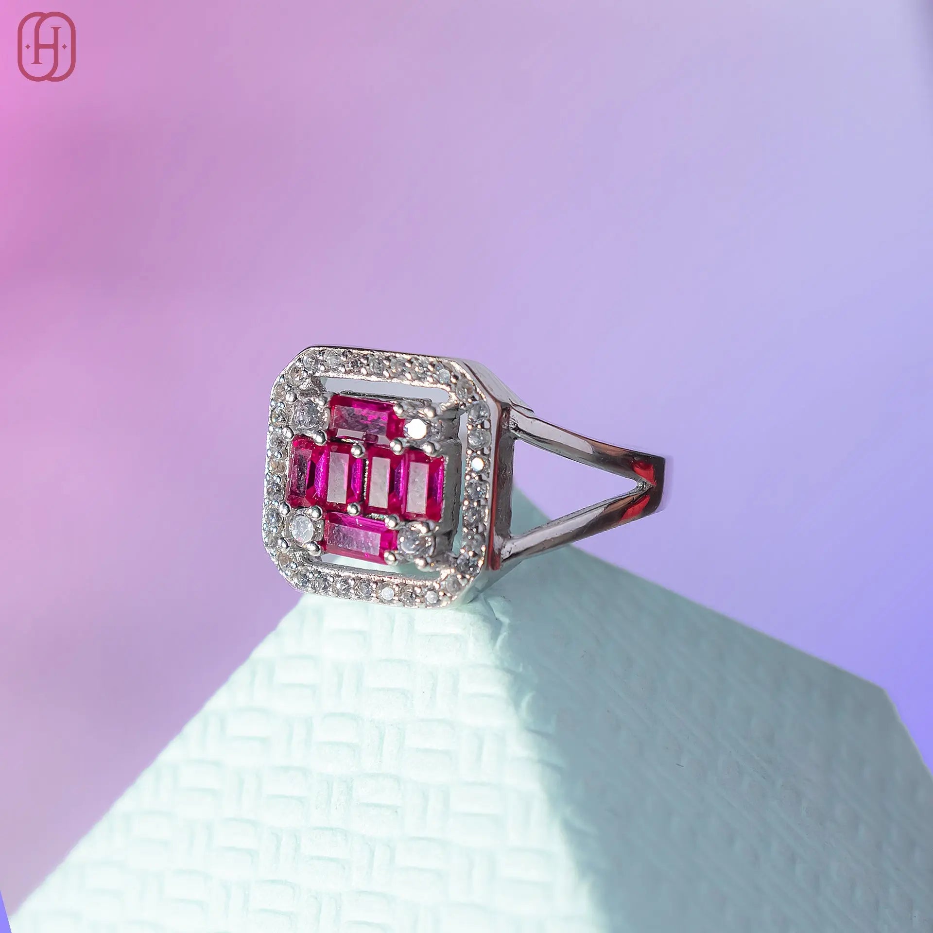 Octagon Ruby and amercian Diamond silver ring - Hardik Jewels | Luxury Gold & 92.5 Silver Jewelry for Every Occasion