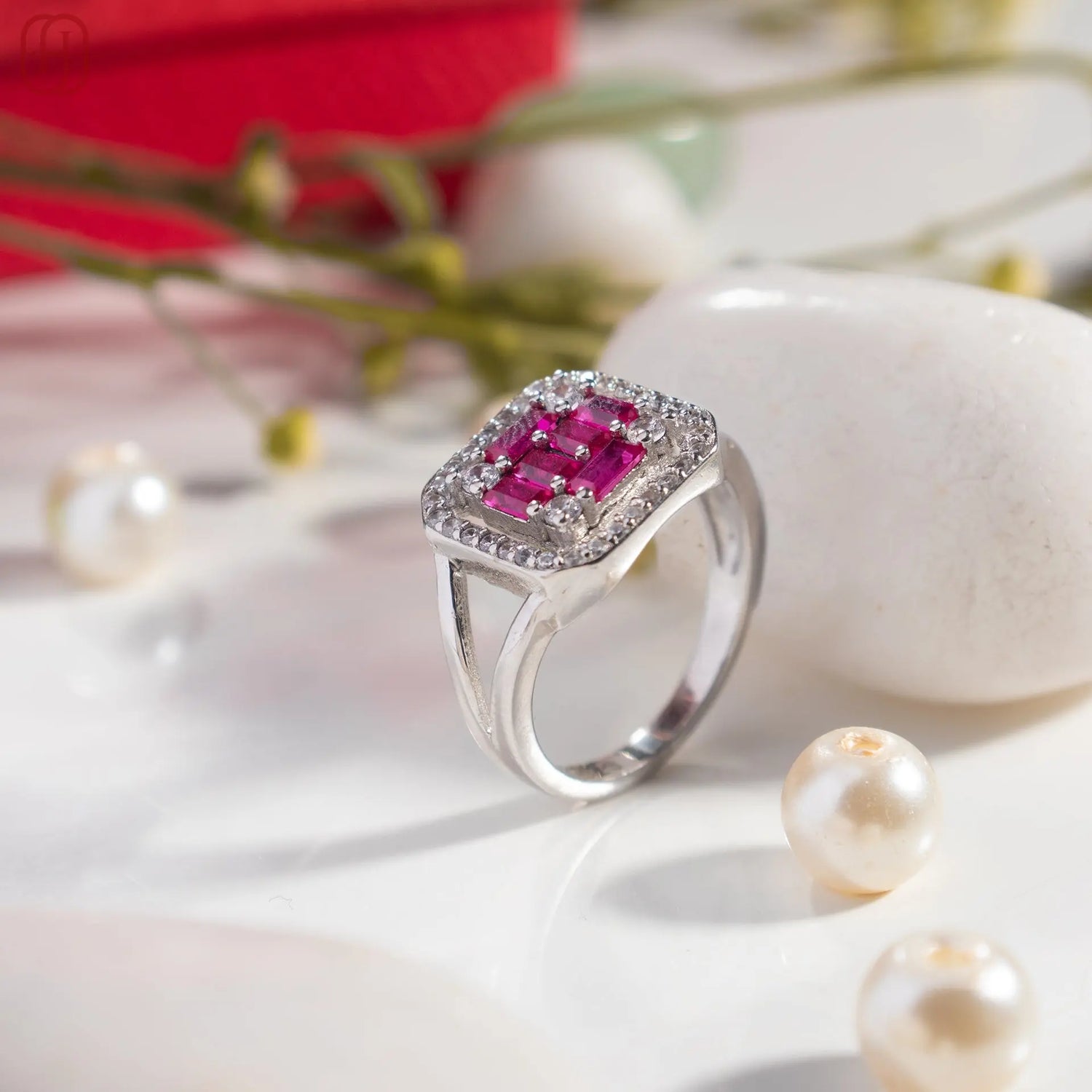 Octagon Ruby and amercian Diamond silver ring - Hardik Jewels | Luxury Gold &amp; 92.5 Silver Jewelry for Every Occasion