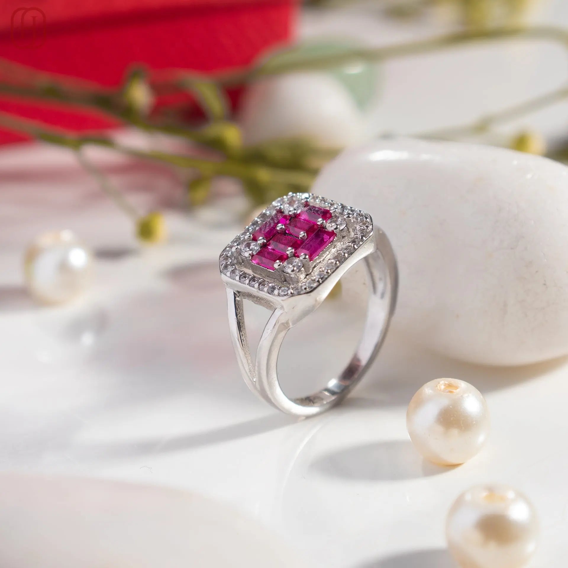 Octagon Ruby and amercian Diamond silver ring - Hardik Jewels | Luxury Gold & 92.5 Silver Jewelry for Every Occasion