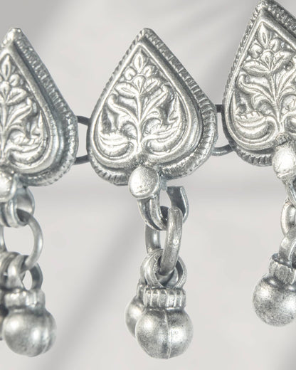 Oxidized 925 sterling silver heart motif choker necklace with ghungroos strung on a black thread, 
