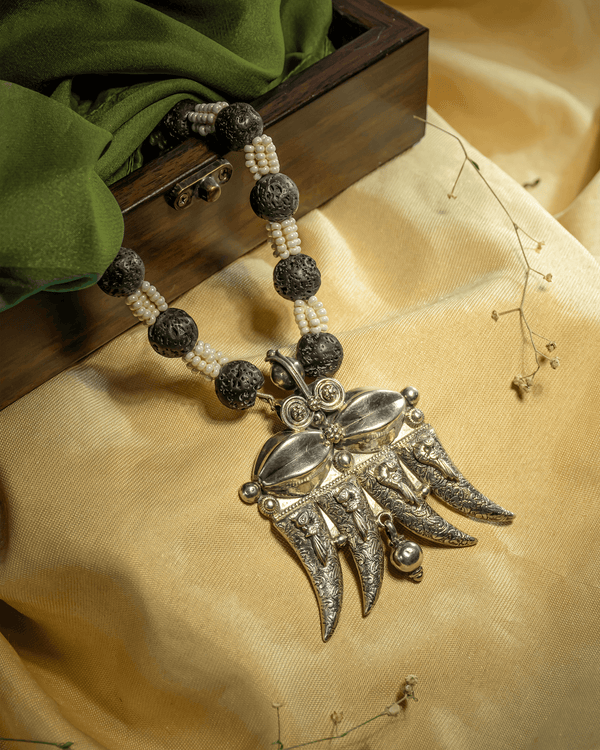 Oxidized 925 Sterling Silver Tribal Claw Pendant Necklace with Lava Beads | Boho Statement Mala