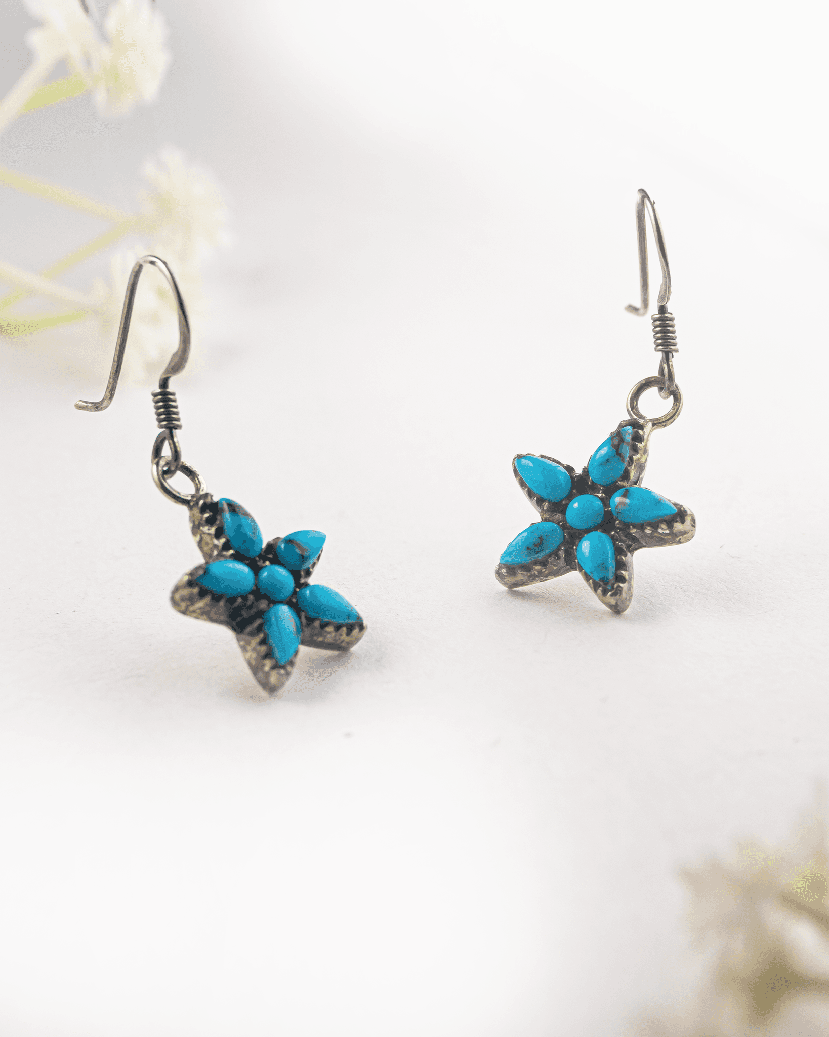 92.5 Sterling Silver Oxidized Turquoise Star Dangle Earrings | Boho Floral Drop